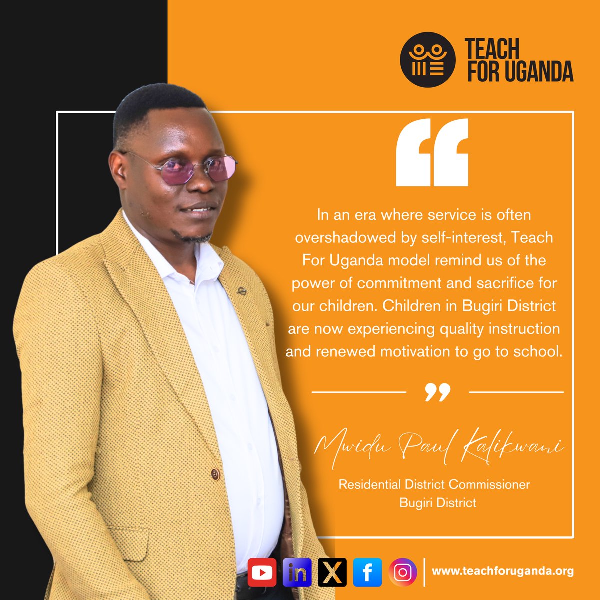 “Teach For Uganda reminds us of the power of commitment and sacrifice for our children.”- Mwidu Paul Kalikwani, RDC Bugiri District.

With local leaders like him, we’re ensuring quality learning &amp; renewed hope for Uganda's children.

Learn more : teachforuganda.org