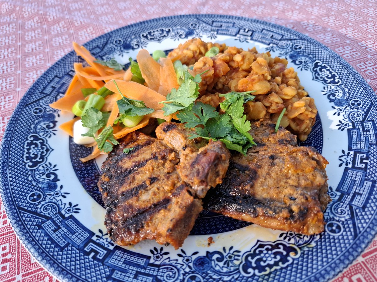 SafariKZNMark's tweet image. Cooking for one has meant there has been more to @Mowglistfood inspired Mondays. Its been an almost every other day. Maa's lamb chops on the mini bbq temple dahl, mother butter chicken & a first for me, treacle tamarind fries. Thanks as always to the books of @NishaKatona #Curry