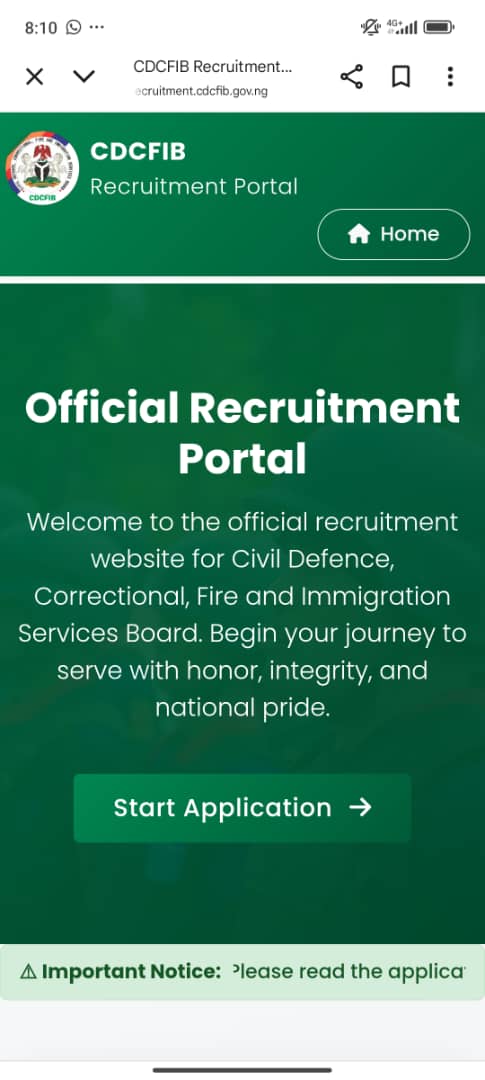 *2025 CDCFIB Recruitment*

Beware of fake recruitment portals 

The right website is:
recruitment.cdcfib.gov.ng

_Zero payment_

Noted that there are many people on the site. So keep refreshing, don't say it's not opening having tried once.  Keep refreshing.  

Thank you