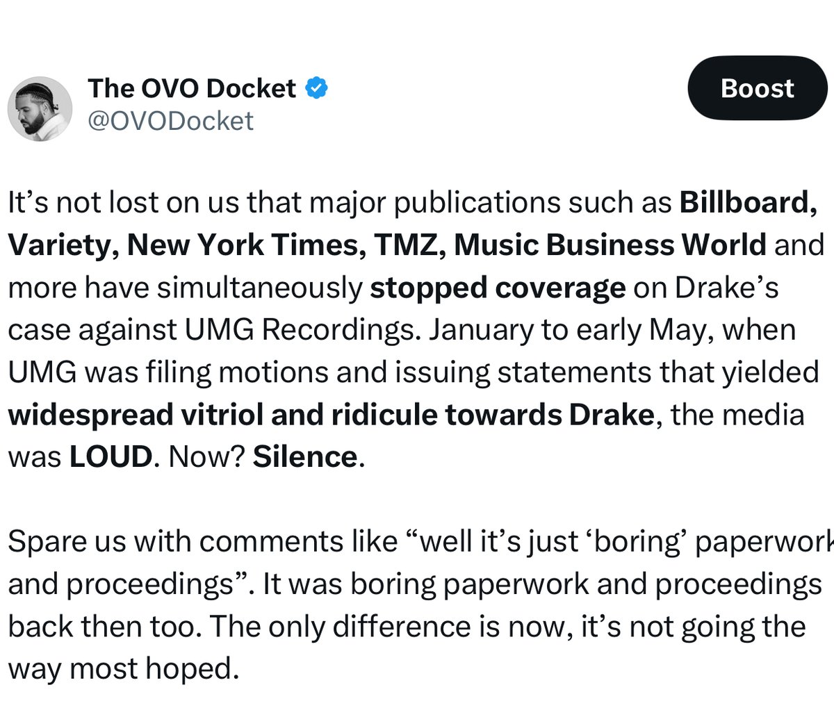 OVODocket's tweet image. When Drake's case against UMG was first filed, PMC-owned outlets Billboard, Variety, and Music Business Worldwide reported in a way that could be perceived as biased against Drake. In our opinion, they helped push UMG's narrative that the lawsuit is solely due to a "rap battle…