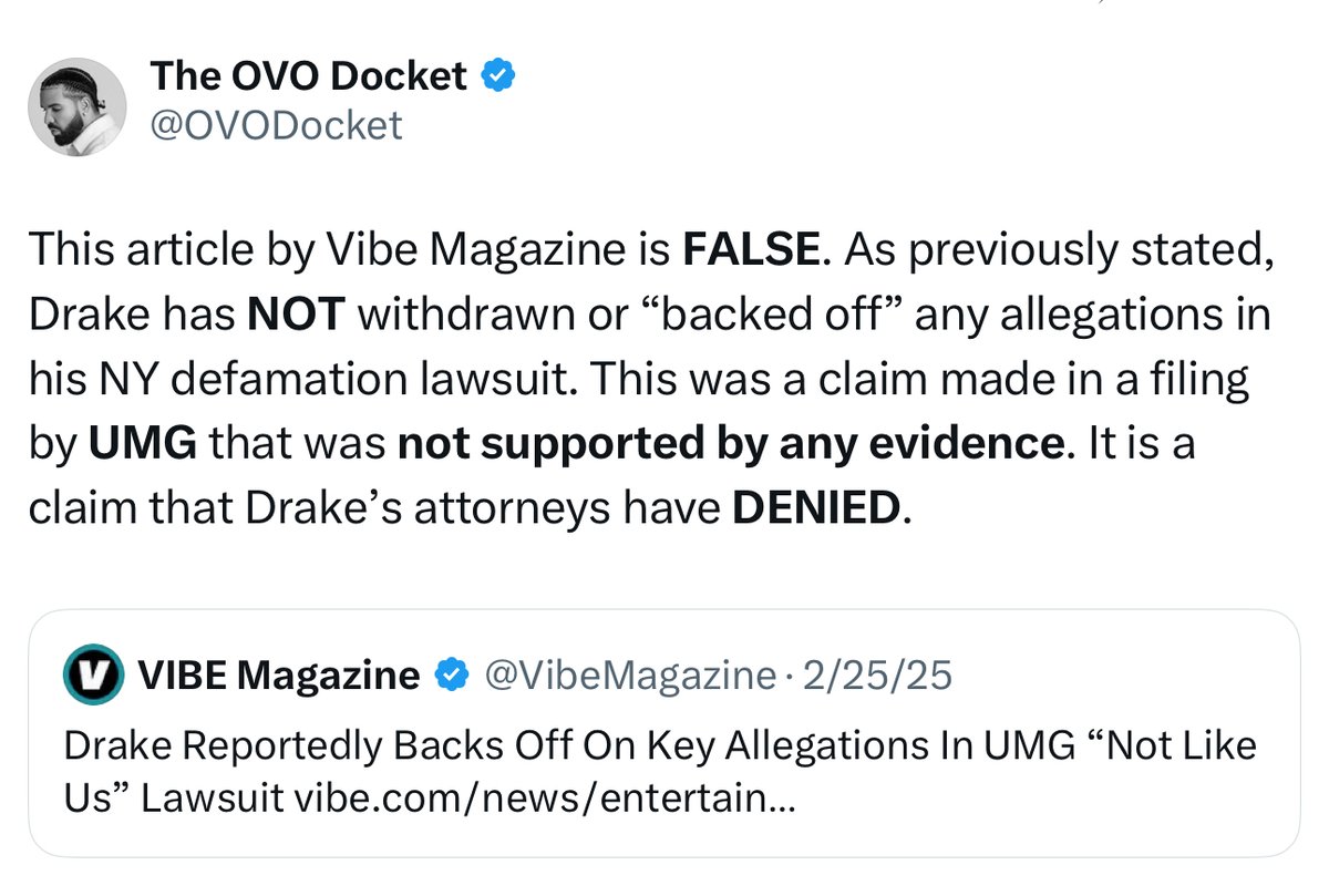 OVODocket's tweet image. Back in February, OVODocket had to check VIBE (also owned by PMC) for falsely reporting that Drake had dropped "bot" allegations from the suit.
We chalked it up to the writer failing to do their due diligence. However, knowing what we know now, it may have been intentional.