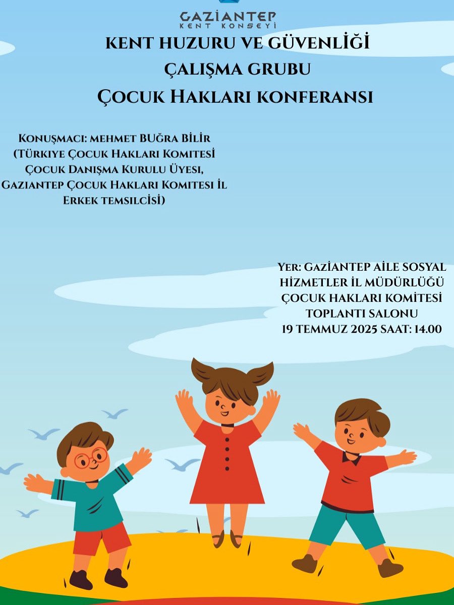 Kent Huzuru ve Güvenliği Çalışma Grubumuzca düzenlenen,  Türkiye Çocuk Hakları Komitesi Çocuk Danışma Kurulu Üyesi Mehmet Buğra Bilir'in konuşmacı olarak katılacağı "Çocuk Hakları" konferansına  tüm halkımız davetlidir. #gaziantep #gaziantepkentkonseyi #çocukhakları