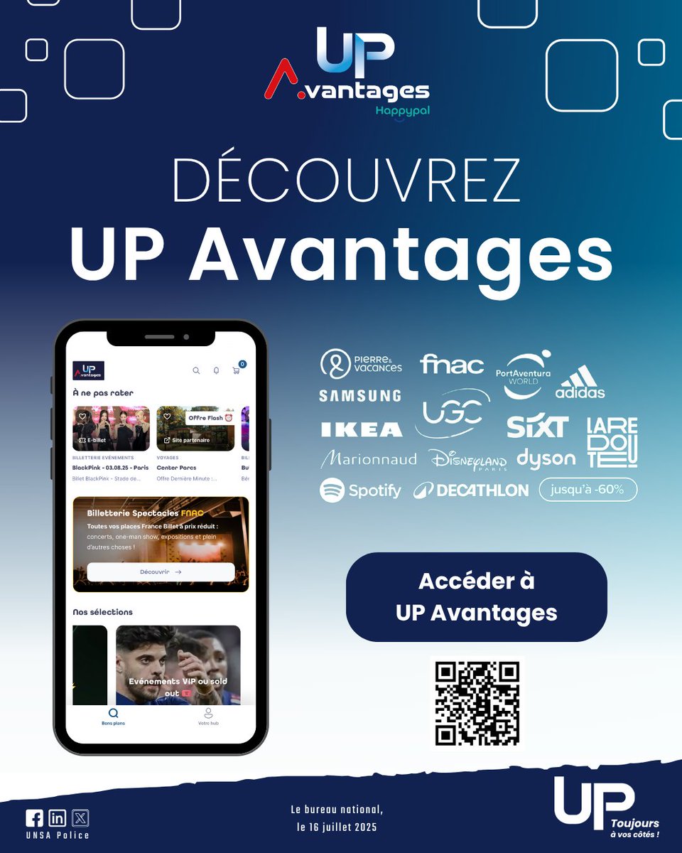 🎁 UP Avantages, c’est quoi ?

👉 Une plateforme dédiée aux adhérents UNSA Police avec plein d’avantages à découvrir :
🔹 Réductions
🔹 Offres exclusives
🔹 Bons plans toute l’année 😎

✨ Bref, tout pour se faire plaisir !

📥 Inscris-toi dès maintenant pour en profiter :
➡