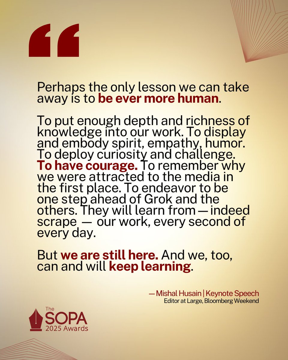 sopasia's tweet image. Stay human. Defend truth.
Award-winning journalist @MishalHusain delivered a powerful #SOPAwards2025 keynote on AI’s impact on journalism—its tools, threats, and the critical role of integrity in protecting public trust.
📺 Watch: youtu.be/7PCCS-bx7ss?si…