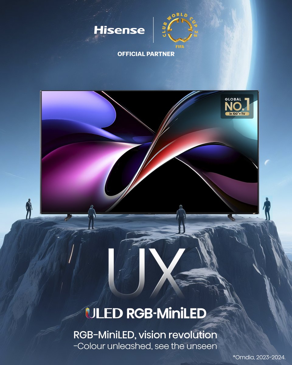 🚀The first-ever ULED TV with RGBMiniLED — the
Hisense UX sets a new standard. 116” Infinity Vision delivers an endless horizon of pixels and invites you to explore the power of revolutionary
color.