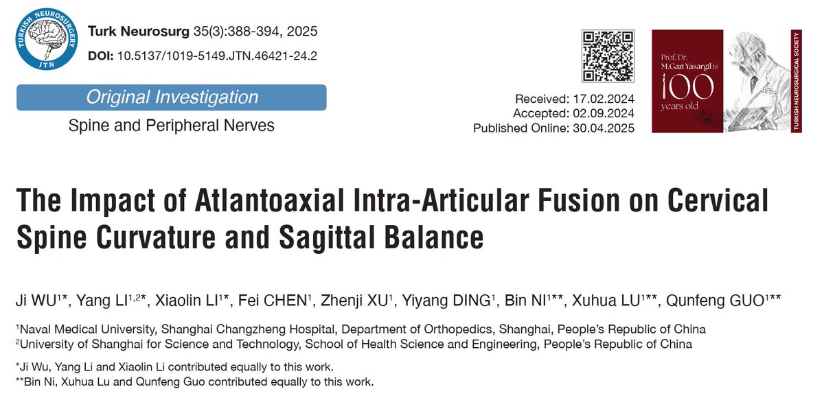 JTN_Turkish's tweet photo. The authors aim to investigate whether atlantoaxial intra-articular fusion can maintain sagittal balance stability in the cervical spine during follow-up.

To read, visit: https://t.co/yFRp85fV1i https://t.co/vSu9mDmhcw