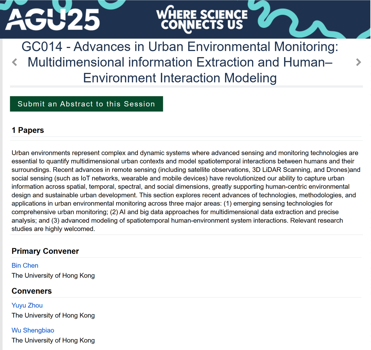 Call for abstracts: please join us at the upcoming AGU meeting for the section GC014, organized by Prof. Bin Chen (<a href="/binleychen/">Bin Chen</a>), Prof. Yuyu Zhou (<a href="/Zhou_HKU/">Yuyu Zhou</a>), and me
#Urbansystems, #Landcoverchange, #RemoteSensing, #Magacitiesandurbanenvironment
Submission deadline: July 30, 2025