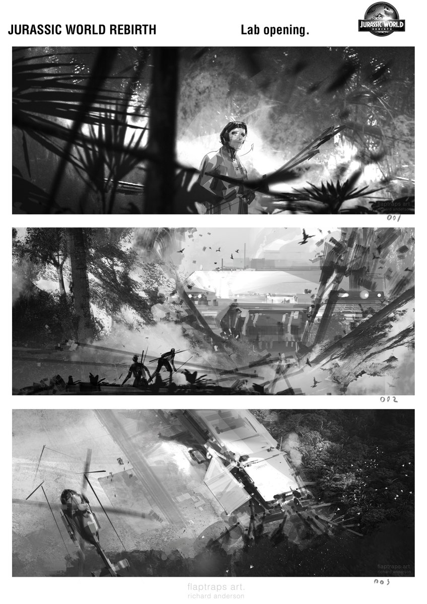 Part_Time_Hero's tweet image. Storyboards by @flaptrapsart showing the facility on Ile Saint-Hubert as a Biosyn owned?? Could very well just be stand in, but interesting none-the-less. #JurassicWorldRebirth