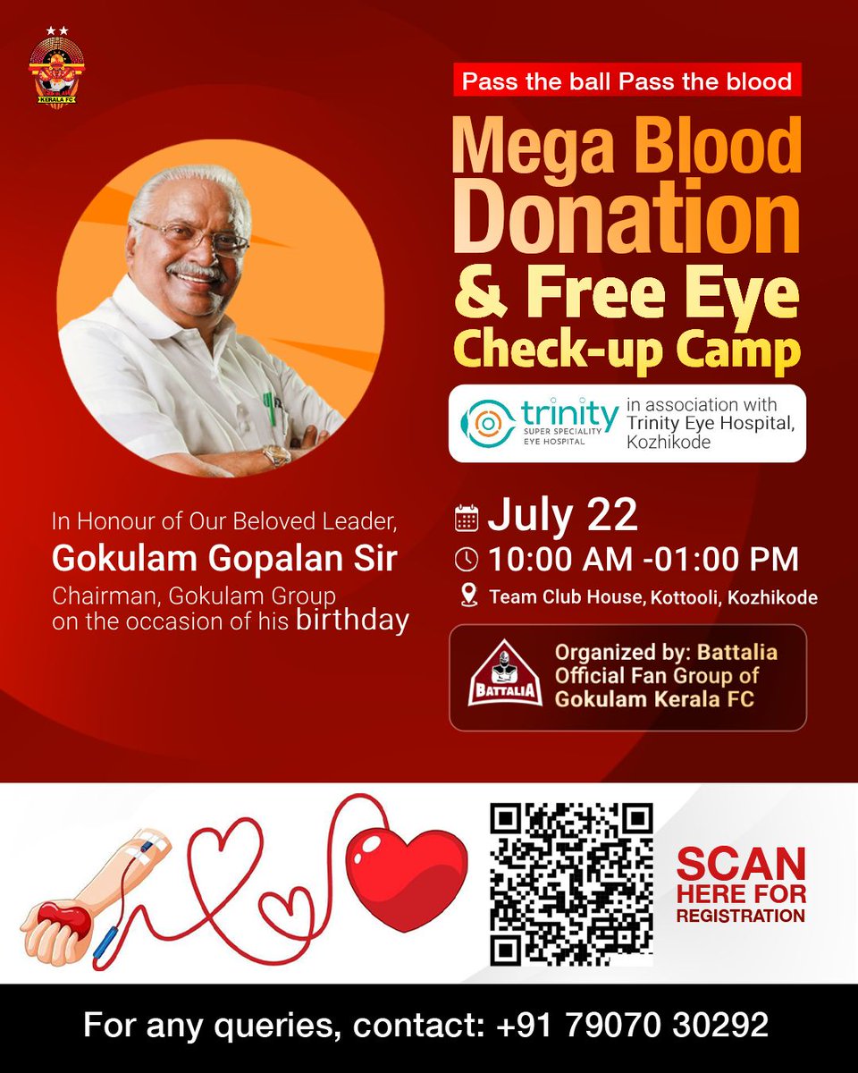 🩸 In Honor of Our Beloved Chairman, Sri Gokulam Gopalan Sir’s Birthday
Battalia is organizing a Mega Blood Donation Camp &amp; Free Eye Check-Up
Join us and be a part of this noble cause!🤝

#gkfc #malabarians  #Indianfootball #gokulamkeralafc