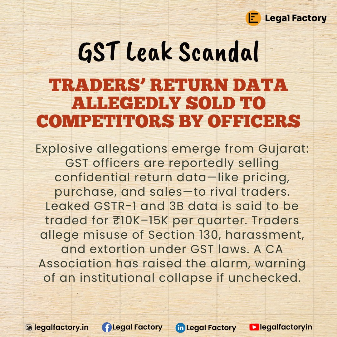 Legalfactoryin's tweet photo. #GST data black market?
Confidential sales/purchase info from returns allegedly being sold by officers to competitors.
Traders face harassment, fake penalties, data leaks & refund corruption.
Trust in the #GST regime is at stake.
#gstscam #taxleak #GSTR1 #Section130 #gstnews https://t.co/LKKSOSO146