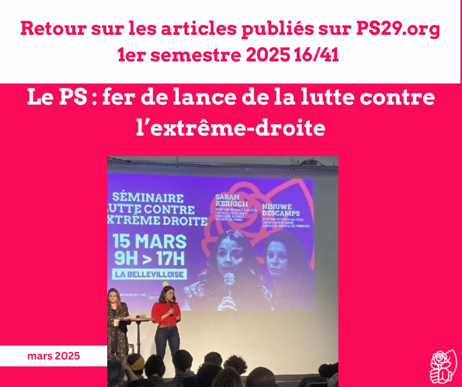 Les socialistes du Finistère (@fede_ps29) on Twitter photo ✊Le PS : fer de lance de la lutte contre l’extrême-droite
Le 15 mars, le <a href="/partisocialiste/">Parti socialiste</a> , (<a href="/NinuweDescamps/">Ninuwé Descamps</a> et <a href="/Sarah_Kerrich/">Sarah Kerrich-Bernard</a>) en partenariat avec la Fondation Jean-Jaurès, organisait un séminaire sur la lutte contre l’extrême-droite.
ps29.org/actualite/le-p… ✊Le PS : fer de lance de la lutte contre l’extrême-droite
Le 15 mars, le <a href="/partisocialiste/">Parti socialiste</a> , (<a href="/NinuweDescamps/">Ninuwé Descamps</a> et <a href="/Sarah_Kerrich/">Sarah Kerrich-Bernard</a>) en partenariat avec la Fondation Jean-Jaurès, organisait un séminaire sur la lutte contre l’extrême-droite.
ps29.org/actualite/le-p…