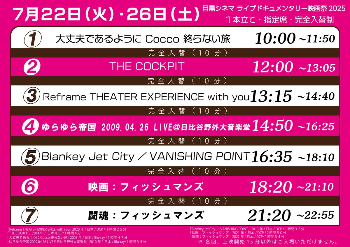 megurocinema's tweet image. 【🎊3日目です🎊】
🎶ライブドキュメンタリー映画祭2025🎶
📅7/22㊋
『大丈夫であるように』
『THE COCKPIT』
『Reframe THEATER EXPERIENCE with you』
『ゆらゆら帝国』
『BJC/VANISHING POINT』
『映画:フィッシュマンズ』
『闘魂:フィッシュマンズ』
🎟️ご予約⇒x.gd/Pvu7J