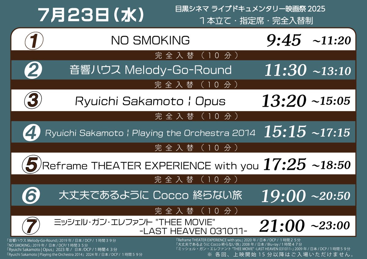 megurocinema's tweet image. 【🎊4日目です🎊】
📅7/23㊌
『NO SMOKING』
『音響ハウス』
『Ryuichi Sakamoto | Opus』
『Playing the Orchestra 2014』
『Reframe THEATER EXPERIENCE with you』
『大丈夫であるように』
『TMGE"THEE MOVIE" -LAST HEAVEN 031011-』
🎟️ご予約⇒x.gd/Pvu7J