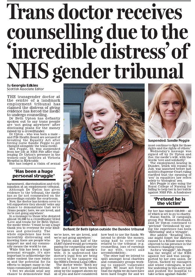 For the alleged crime of "misgendering" a "trans woman," nurse Sandie Peggie was under investigation for 18 months, made to defend herself to an employment tribunal, suspended from her work, and accused of gross misconduct and a "hate incident."

Nurse Peggie had called Dr.