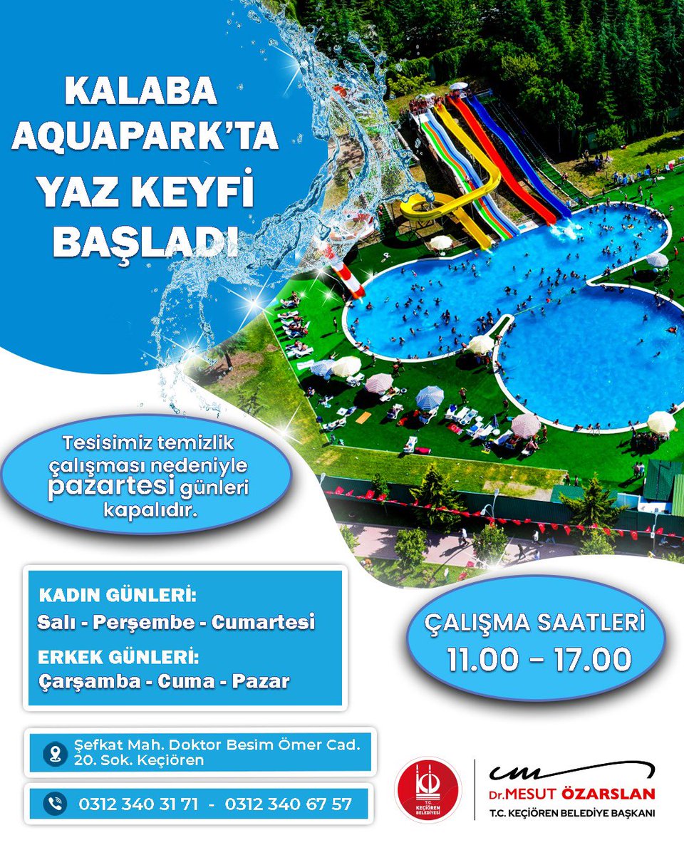 Aktepe Aquapark'ın ardından şimdi de Kalaba Aquapark açılıyor, hemşehrilerimizi ağırlamayı bekliyor. ⛱️

Keçiörenli hemşehrilerimiz için serinlik ve eğlence Kalaba Aquapark’ta bir arada. 

📍 Şefkat Mah. Dr. Besim Ömer Cad. 20. Sok. Keçiören
⏰ 11.00 - 17.00
📌 Tesisimiz