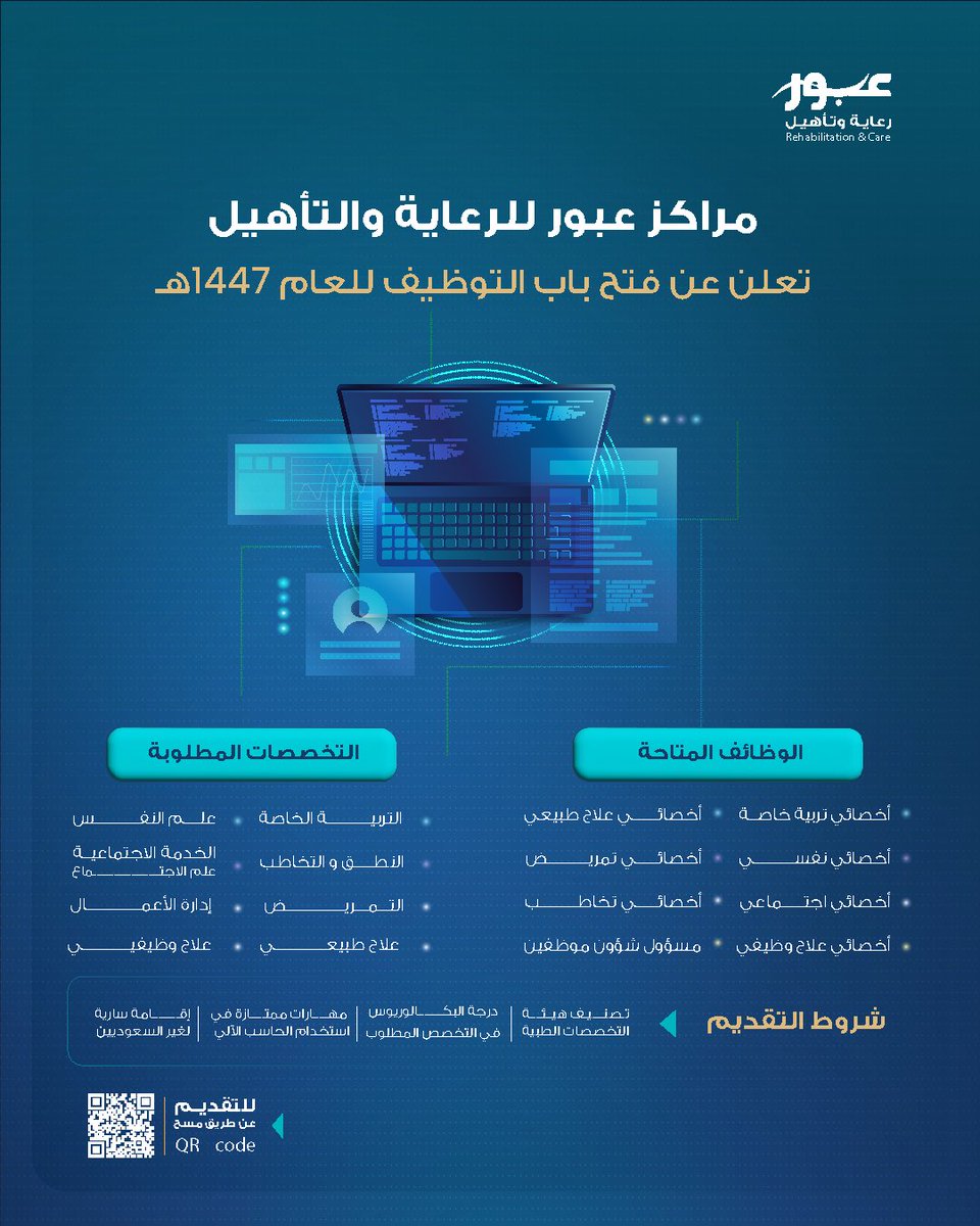 نعلن عن توفر #شواغر_وظيفية في مراكز عبور للرعاية والتأهيل .

للتقديم : docs.google.com/forms/d/e/1FAI…

#توظيف #وظايف #وظائف_شاغرة