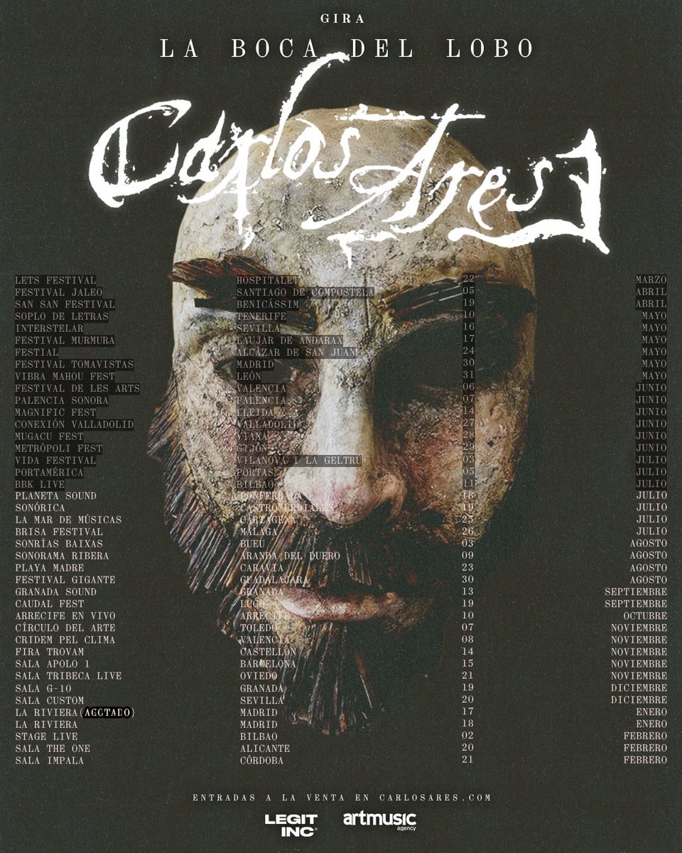 🟤 CARLOS ARES amplía su gira de salas.
Se incorporan a la gira de salas de "La Boca del Lobo": Toledo, Oviedo, Granada, Bilbao, Alicante y Córdoba.

🎟️ Entradas a la venta el 18 de julio a las 12:00h en carlosares.com

#CarlosAres #LaBocaDelLobo #Gira2025