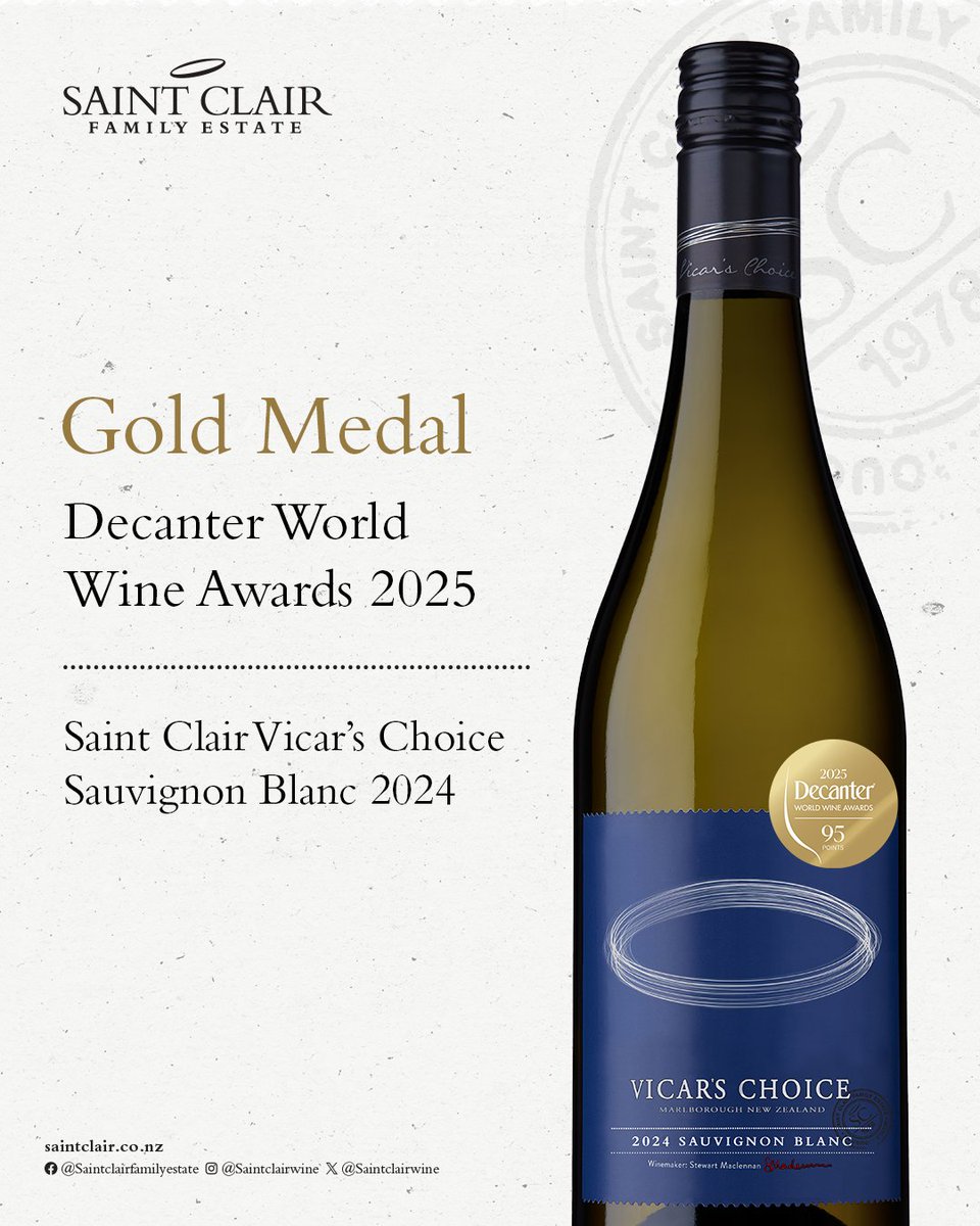 We’re excited to share some awesome news! 

Our Saint Clair Vicar’s Choice Sauvignon Blanc 2024 just picked up a gold medal and an incredible 95 points at the 2025 Decanter World Wine Awards!

#nzwine