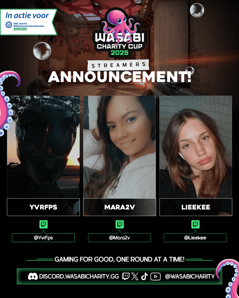 WasabiCharity's tweet photo. Meet another set of streamers bringing energy, fun, and a bit of friendly chaos to the cup. They’re not just playing for glory — they’re playing for the kids! Support them as they fight their way through this wasabi showdown!

@YvrFPS Mara2v @lieekkee https://t.co/dURlkFjGJx