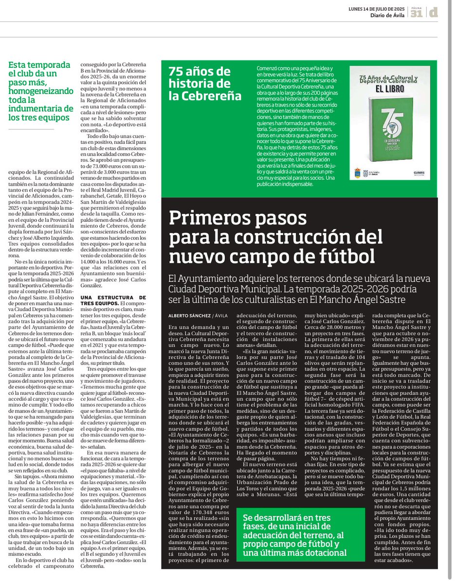 CDCebre's tweet photo. 🗞️ Actualidad @CDCebre en prensa @diario_de_avila
¡Ya tenemos los cimientos de la nueva temporada 2025/2026 y tenemos muchas ganas de contar noticias! ¿Preparados? 😊
#SentimientoVerdiblanco https://t.co/bkFJGJtgii