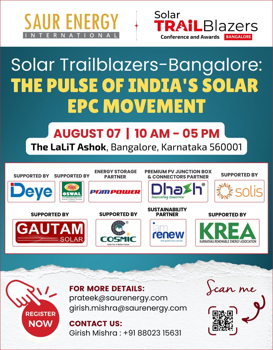 Saur Energy (@saur_energy) on Twitter photo Join Solar Trailblazers #Bengaluru on Aug 07 – Connect, Collaborate & Grow in Solar Industry
Register Now: saurevents.com/#register
For More Info:
✉ girish.mishra@saurenergy.com
📞 +91 8802315631 | +91 9891147599 Join Solar Trailblazers #Bengaluru on Aug 07 – Connect, Collaborate & Grow in Solar Industry
Register Now: saurevents.com/#register
For More Info:
✉ girish.mishra@saurenergy.com
📞 +91 8802315631 | +91 9891147599