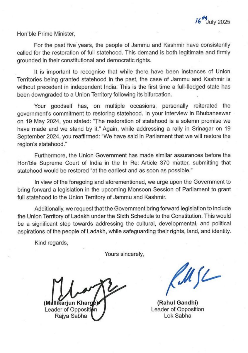 Tariq Hameed Karra (@tariqkarra) on Twitter photo I express gratitude to Hon’ble LoP Shri <a href="/RahulGandhi/">Rahul Gandhi</a> ji & AICC President Shri <a href="/kharge/">Mallikarjun Kharge</a> ji for their letter to PM Shri Narendra Modi, urging the restoration of full statehood for J&K and inclusion of Ladakh under the 6th Schedule. We demand immediate action in the Monsoon Session I express gratitude to Hon’ble LoP Shri <a href="/RahulGandhi/">Rahul Gandhi</a> ji & AICC President Shri <a href="/kharge/">Mallikarjun Kharge</a> ji for their letter to PM Shri Narendra Modi, urging the restoration of full statehood for J&K and inclusion of Ladakh under the 6th Schedule. We demand immediate action in the Monsoon Session