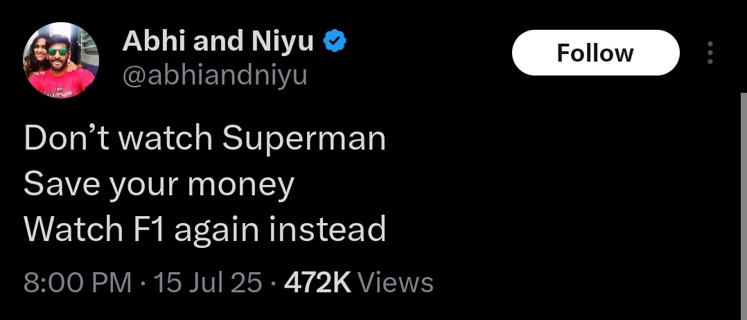 TheSatyaShow's tweet image. Don't watch Abhi and Niyu
Save your data
Watch Being Honest INSTEAD
BTW : Superman is not that bad