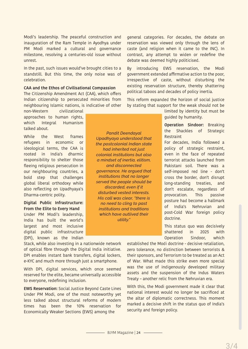 ANSPRASADBJP's tweet photo. The article "Disrupting the status quo: From Deendayal's Vision to VikshitBharath Mission" by #DevendraPai masterfully encapsulates Pandit #DeendayalUpadhyaya's visionary ideas for #India's holistic development, emphasizing strength, unity, and cultural preservation through #IntegralHumanism. 

Upadhyaya's ideas continue to influence Indian politics, providing a framework for self-reliance and cultural nationalism. 

@PMOIndia'@narendramodi's government beautifully translates this philosophy into action, with initiatives like #AatmanirbharBharat reflecting Upadhyaya's #EconomicVision and fostering a just and equitable society. 

Congratulations to Professor @DevendraPai for his commendable work illuminating the path to #VikshitBharath Mission.

@JPNadda @blsanthosh @sgurumurthy @pkspathi @prabhatbooks @BJP4India 
@RSSorg @panditdeendayal