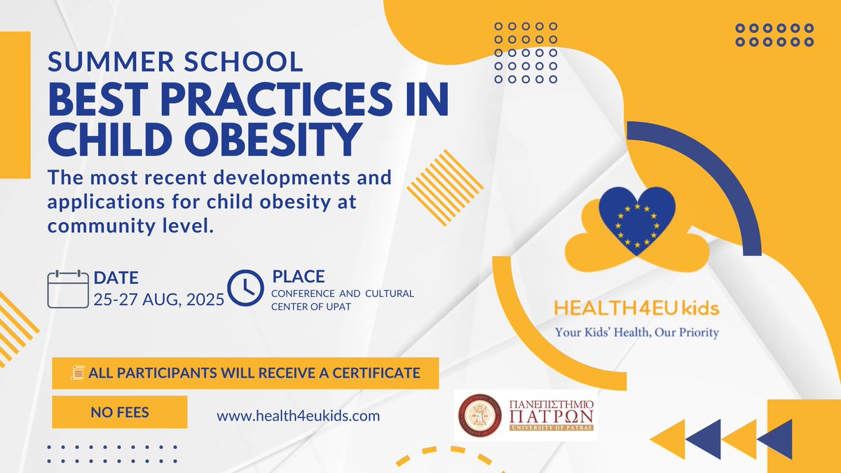 IDIVALdecilla's tweet image. ¿Cómo abordar la obesidad infantil desde la evidencia científica?

La Summer School Best Practices in Child Obesity de @Health4EUkids se celebra en @upatras 🇬🇷 del 25 al 27 de agosto de 2025.

Dirigida a estudiantes y profesionales de la salud.

ℹ️👇
lnkd.in/ds4Q_6SW