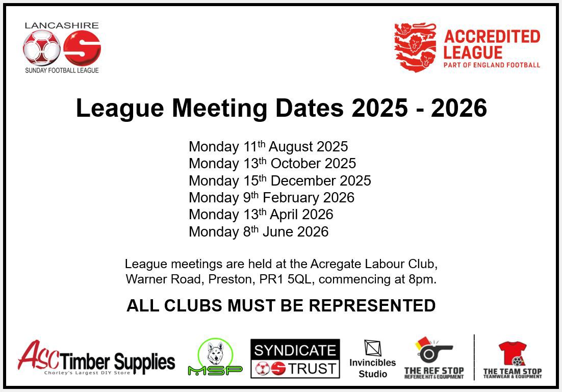 📅 Here are the League Meeting dates for season 2025 - 2026.

ALL CLUBS MUST BE REPRESENTED at every meeting to enable appropriate communication between the League and Member Clubs.

In addition, the traditional Managers Meeting will take place on Monday 11th August 2025 from 7pm