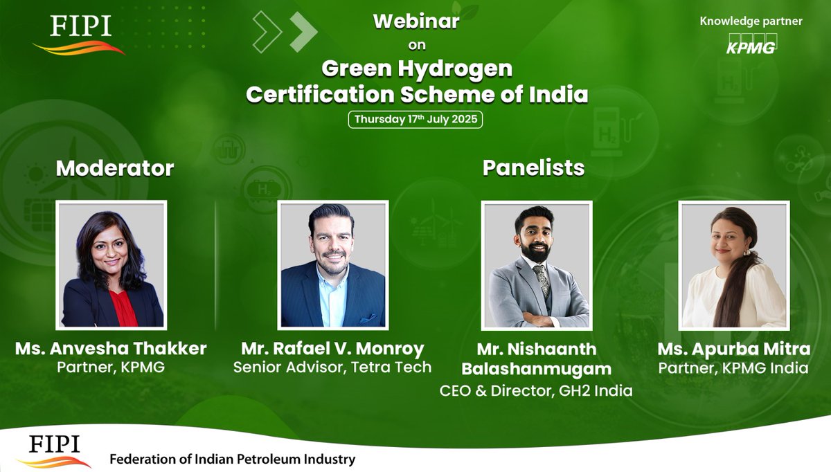FIPI (@fipiind) on Twitter photo FIPI, in collaboration with knowledge partner <a href="/KPMGIndia/">KPMG India</a>, is hosting a webinar on "Green Hydrogen Certification Scheme of India"
🗓️ July 17th, 2025 | 🕒 3:00 PM onwards
Join us for an insightful panel discussion on 'Implementation challenges of the GHCSI and learnings from the FIPI, in collaboration with knowledge partner <a href="/KPMGIndia/">KPMG India</a>, is hosting a webinar on "Green Hydrogen Certification Scheme of India"
🗓️ July 17th, 2025 | 🕒 3:00 PM onwards
Join us for an insightful panel discussion on 'Implementation challenges of the GHCSI and learnings from the