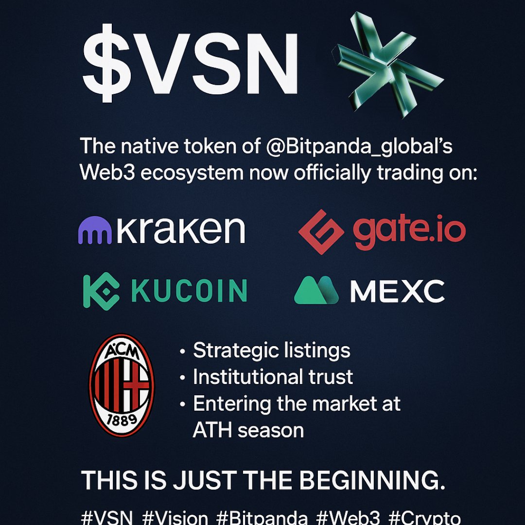 Master_Iota_Vsn's tweet photo. 🚨 Today at 2PM UTC  $VSN goes LIVE! 🚨

The native token of @Bitpanda_global's #Web3 ecosystem is now officially trading on:
✅ @krakenfx
✅ @kucoincom
✅ @gate_io
✅ @MEXC_Official
✅ @Uniswap
✅ @ An other one TBA today !
And of course 
✅ @Bitpanda_global 

Partnerships with @acmilan  with real utility powering #DeFi, #staking, and governance.

💥 Strategic listings
💥 Institutional trust
💥 Entering the market at #ATH season

This is just the beginning.
#VSN #Vision #Bitpanda #Web3 #Crypto #Altcoin
#Kraken #Gate.io #Mexc #KuCoin #Uniswap #ACMilan 

And now... an intriguing #Vision contract is under intensive testing on #BaseChain.

👀 Could this be linked to the new #CoinbaseWallet @CoinbaseWallet  launching today?

🔗 https://t.co/ClA1gYAifs

#Coinbase #Base #BaseChain #CryptoNews