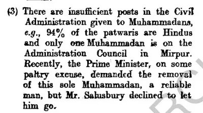 Copland claim that in 1931: “in Mirpur tehsil 94 % patwaris were Kashmiri Brahmin” is wrong. Copland mentions his source as “Report by Major General R.G. Finlayson on the visit of Inspection and Enquiry into Mirpur Tehsil”.  Actual report by Finlayson mentions Hindus and not KPs.