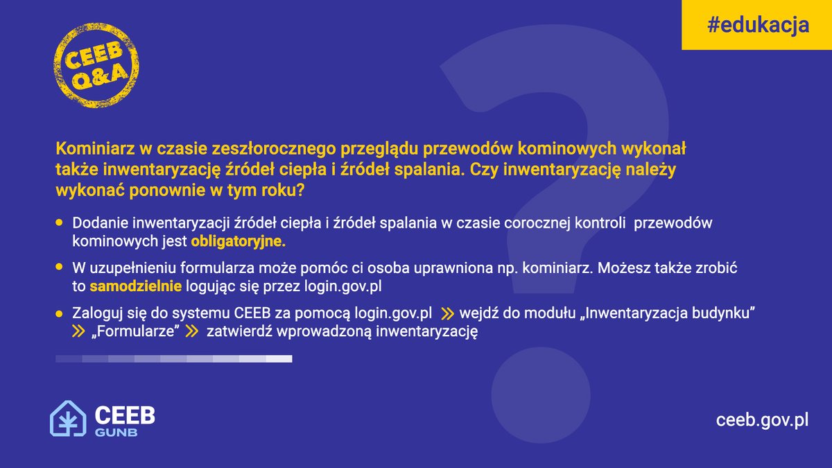 Dziś publikujemy 15 ➡️ostatnie pytanie cyklu, w którym odpowiadaliśmy na najczęściej zadawane pytania dotyczące #CEEB. Wkrótce podsumowanie cyklu.
👉 CEEB – pytania i odpowiedzi
ceeb.gov.pl 👉Kontakt 👉Pytania i odpowiedzi

#GUNB #GUNBedukuje