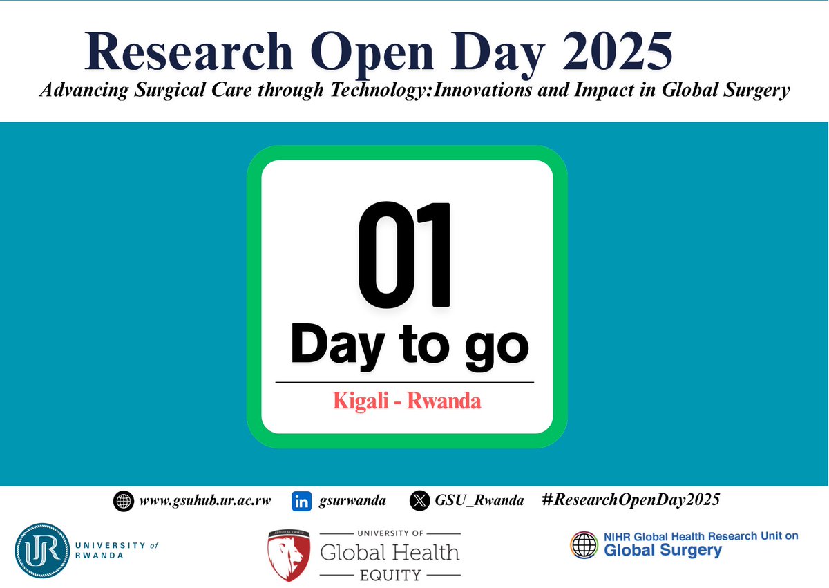 Global Surgery Research Hub Rwanda (@gsu_rwanda) on Twitter photo 📌#ResearchOpenDay2025 is just 1 day away! Are you ready?
Innovation is transforming #GlobalSurgery, from #ML #AI, #IoT to low-cost surgical tools. Let’s shape a future where safe surgery is accessible to all. #SurgicalCare #AI #IoT <a href="/Fostino21/">Prof. Faustin NTIRENGANYA</a> <a href="/Uni_Rwanda/">University of Rwanda</a> <a href="/ughe_org/">University of Global Health Equity</a> <a href="/RwandaHealth/">Ministry of Health | Rwanda</a> 📌#ResearchOpenDay2025 is just 1 day away! Are you ready?
Innovation is transforming #GlobalSurgery, from #ML #AI, #IoT to low-cost surgical tools. Let’s shape a future where safe surgery is accessible to all. #SurgicalCare #AI #IoT <a href="/Fostino21/">Prof. Faustin NTIRENGANYA</a> <a href="/Uni_Rwanda/">University of Rwanda</a> <a href="/ughe_org/">University of Global Health Equity</a> <a href="/RwandaHealth/">Ministry of Health | Rwanda</a>