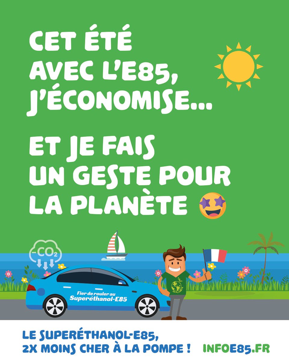 🚗 Vacances d’été : dépensez moins, roulez plus vert ! 🌿
Cet été, avec le Superéthanol-E85, j’économise et je fais un geste pour la planète 🌍✨

👉 2x moins d'émissions de CO2 et  jusqu’à -90 % d'émissions de particules fines par rapport à l'essence
👉 2x moins cher à la pompe