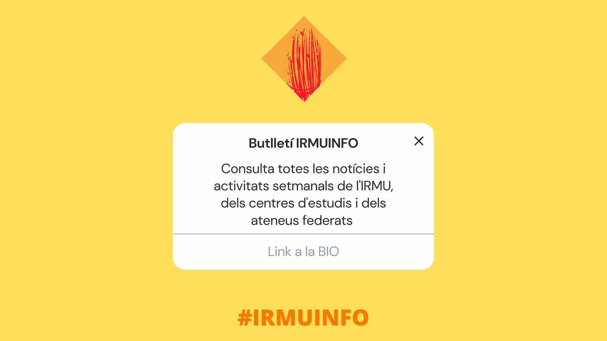 📩Presentem el butlletí #IRMUINFO: del 15|07 al 22|07

✔️Llegeix les darreres notícies i activitats de l'IRMU, dels Centres d'Estudis i dels Ateneus Federats al següent enllaç: irmu.org/newsletter

🔶irmu.org/base/subscribe