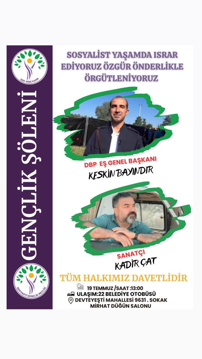 “Sosyalist yaşamda ısrar ediyoruz, Özgür Önderlikle örgütleniyoruz”şiarıyla başlattığımız kampanya dahilinde “Gençlik Şöleninde” buluşuyoruz!
Yer: Mirhat Düğün Salonu
Saat: 13:00
Tarih: 19 Temmuz Cumartesi
