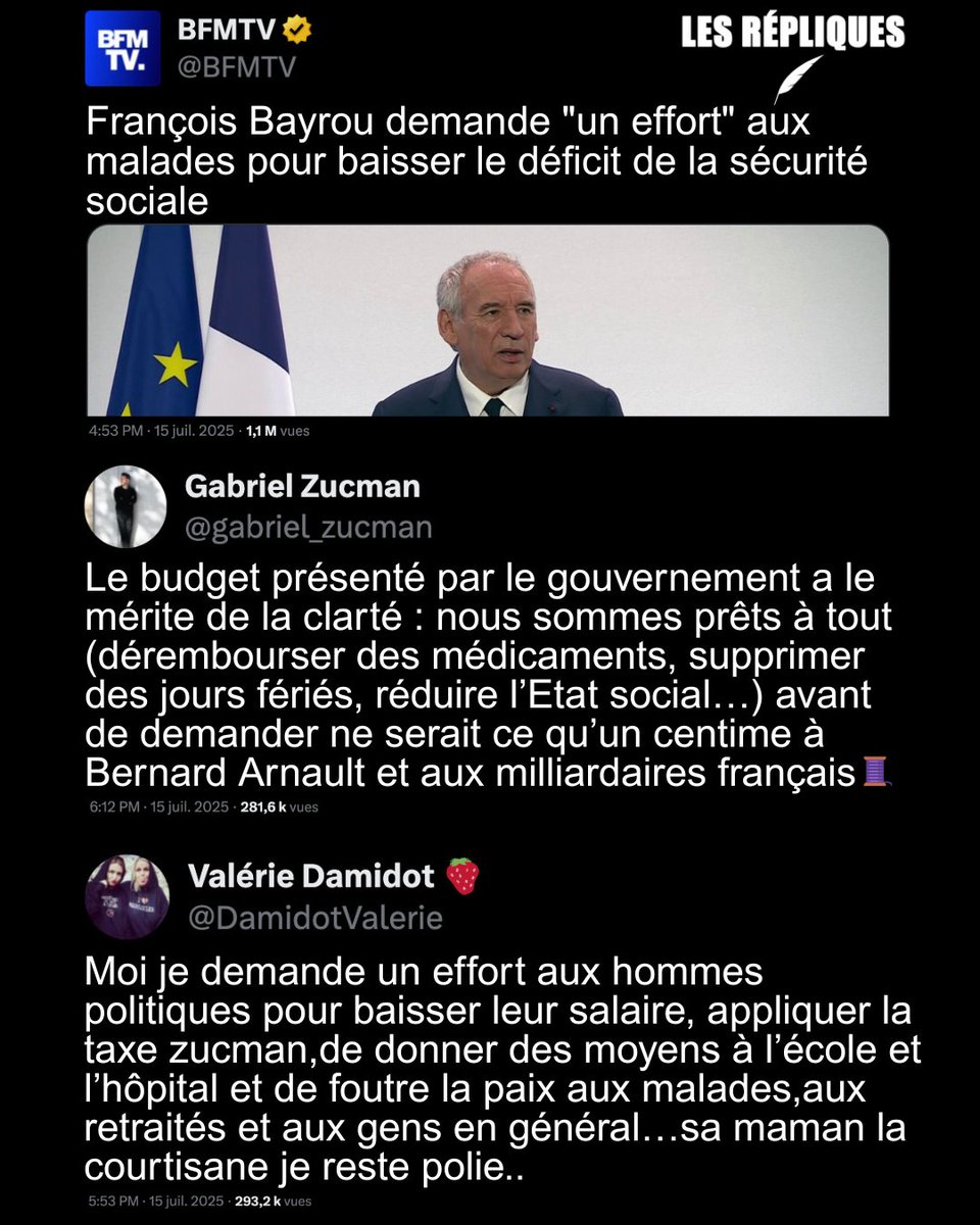 Hier, le Premier ministre François @Bayrou a proposé la suppression de deux jours fériés, dont le 8 mai. Il a également invité les malades à contribuer à l’effort pour réduire le déficit de la Sécurité sociale

<a href="/gabriel_zucman/">Gabriel Zucman</a> 
<a href="/DamidotValerie/">Valérie Damidot 🍓</a>