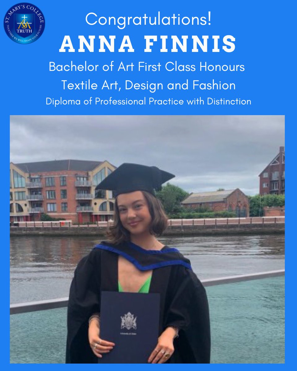 The Technology Dept (@stmarysderrytd) on Twitter photo Congratulations <a href="/stmarysderry/">St Mary's College</a> <a href="/AnnaFinnis/">Anna F</a> who has just graduated with a First Class Honours <a href="/UlsterUni/">Ulster University</a> Bachelor of Art in Textile Art, Design and Fashion and a Diploma in Professional Practice with Distinction. Currently she is preparing to show @irelandfashionweek 🎉👩🏻🎓 Congratulations <a href="/stmarysderry/">St Mary's College</a> <a href="/AnnaFinnis/">Anna F</a> who has just graduated with a First Class Honours <a href="/UlsterUni/">Ulster University</a> Bachelor of Art in Textile Art, Design and Fashion and a Diploma in Professional Practice with Distinction. Currently she is preparing to show @irelandfashionweek 🎉👩🏻🎓