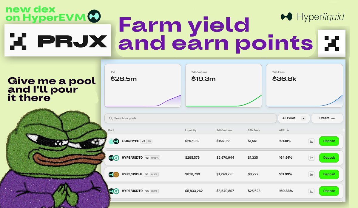 🔥New DEX <a href="/prjx_hl/">Project X</a> launched on #HyperEVM!
Why is this interesting?
➡️ No VCs
➡️Crazy Moni score: 5100+ 👀
➡️ $37M in TVL in a few days 📈
➡️ The team is betting on virality
➡️ Farm yield and earn points

Join and get +10% boost
prjx.com/@drunkpunk 

#hyperliquid #defi #yield