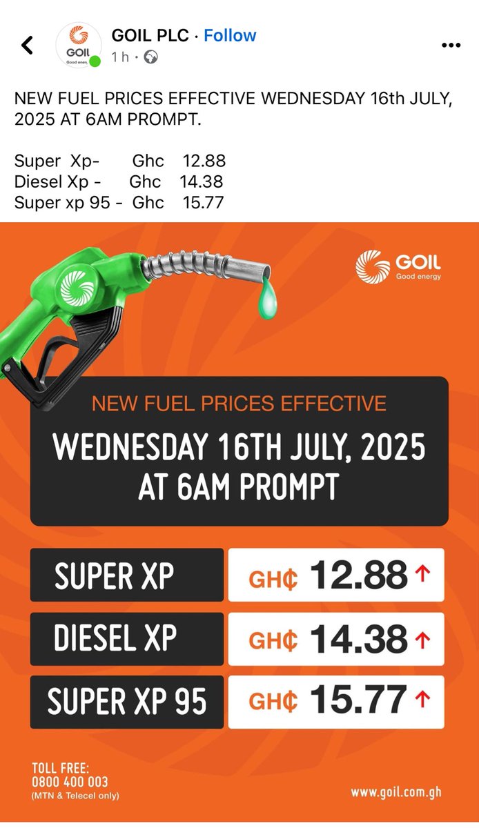 Gen_Buhari_'s tweet image. Just In 

Fuel Prices increased astronomically this Morning:

NOTE: these prices does not include the D_levy. So if you’re going to buy fuel Today note, you’ll pay for more than what you see on the reading meter.

WITH D-LEVY

Diesel - Ghc 15.38
Super XP 95 - Ghc 16.77
Super -…