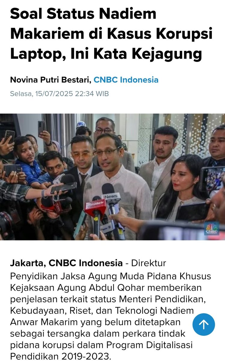 Nitizen menanti!!!... 
Kpn Nadiem jadi tersangka... 

Kata penyidik Jaksa Agung Muda Tindak Pidana Abdul Qahar klo 2  alat bukti sudah cukup pasti akan di tetapkan sebagai tersangka...

Semua butuh proses... 
Kita tunggu aja 🙏