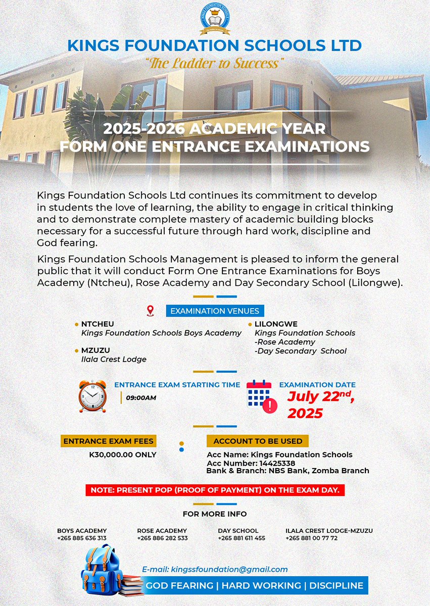 martin_ery43's tweet image. REMINDER TO ALL PARENTS 

📢 Form 1 Entrance Exams are on 22 July at:
📍 Ntcheu (Main Campus)
📍 Lilongwe (Rose Academy)
📍 Mzuzu (Ilala Crest Lodge)
⏰ 9AM | 💰 MK30,000

Don&apos;t miss out!
#Form1 #EntranceExams