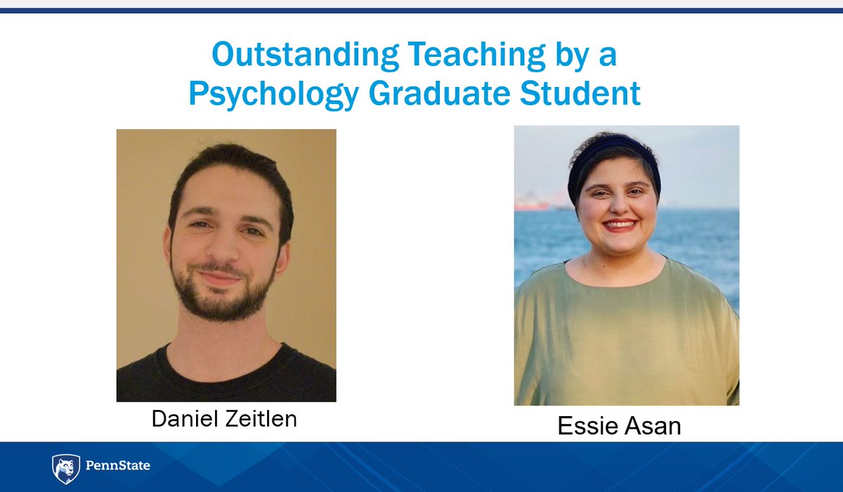 PSUPsychology's tweet image. Please help us congratulate Penn State Psychology graduate students Daniel Zeitlen and Essie Asan for receiving the Outstanding Teaching by a Psychology Graduate Student Award.