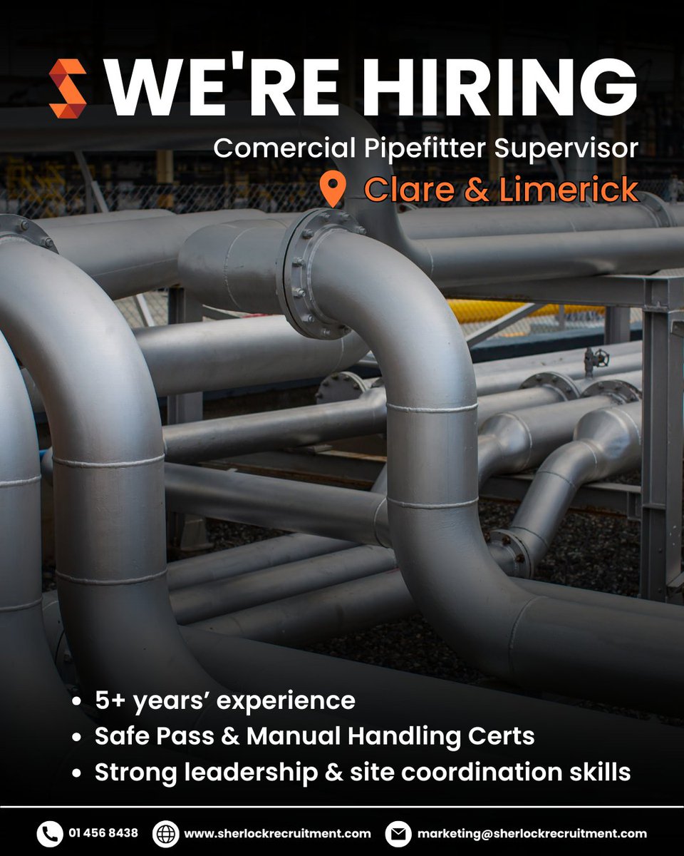 SherlockRecruit's tweet photo. Join a leading mechanical team working on high-spec commercial projects across Clare and Limerick.

📩 Send your CV to marketing@sherlockrecruitment.com or call 01 456 8438 to apply https://t.co/wYai8txz5x