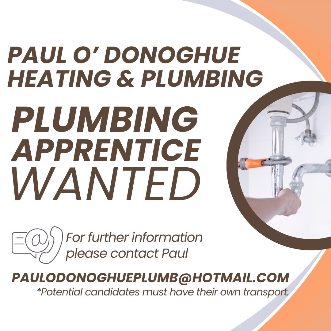 Kerry College (@kerrycollegemvc) on Twitter photo Paul O Donoghue Heating & Plumbing, Milltown, is recruiting a plumbing apprentice 🔧
For further information, please contact Paul on paulodonoghueplumb@hotmail.com.
Potential candidates must have their own transport. Paul O Donoghue Heating & Plumbing, Milltown, is recruiting a plumbing apprentice 🔧
For further information, please contact Paul on paulodonoghueplumb@hotmail.com.
Potential candidates must have their own transport.