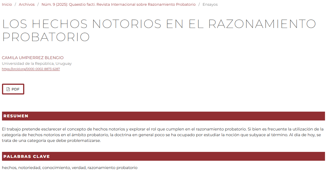 QuaestioF's tweet image. ¡NUEVO ARTÍCULO!

&quot;Los hechos notorios en el razonamiento probatorio&quot; de Camila Umpierrez Blengio (@CUmpierrezBleng)

 ➡️revistes.udg.edu/quaestio-facti…