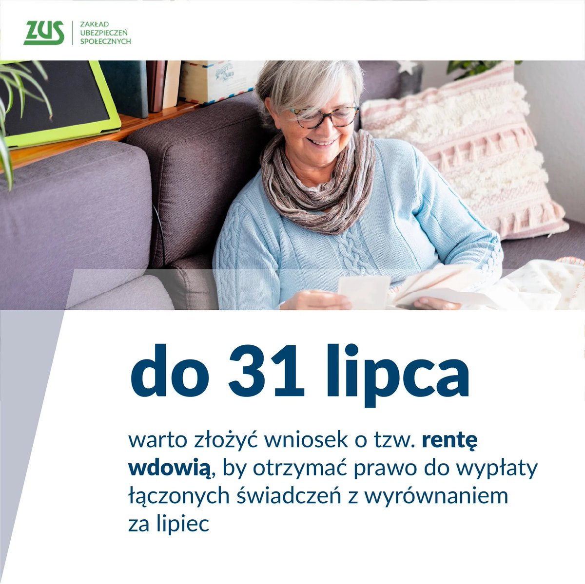 zus_pl's tweet image. Wniosek o tzw. rentę wdowią warto złożyć najpóźniej do 3⃣1⃣ lipca. Dlaczego❓
➡️ Jeśli wpłynie do ZUS jeszcze w tym miesiącu, to wypłata połączonych świadczeń będzie przysługiwała z wyrównaniem za lipiec.
➡️ Jeżeli zgłoszenie złożysz po 31 lipca, rentę wdowią otrzymasz od…