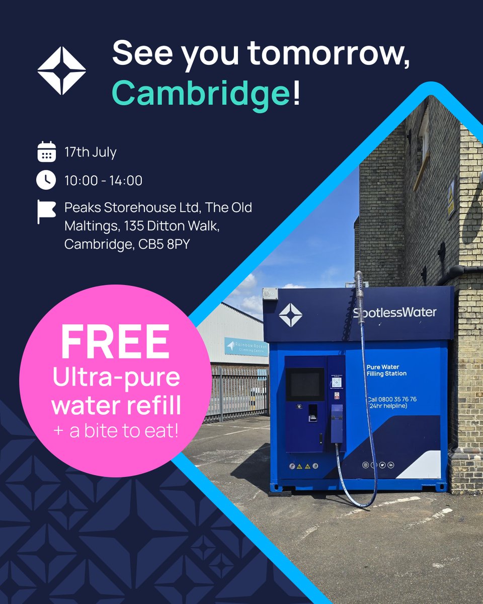 Join the SpotlessWater team in Cambridge tomorrow!🎉 Come along to get a FREE ultra-pure water fill up💧and collect some other freebies too!🤩

Find out more... facebook.com/events/4129394…

#Cambridge #LaunchEvent #SpotlessWater #ultrapurewater